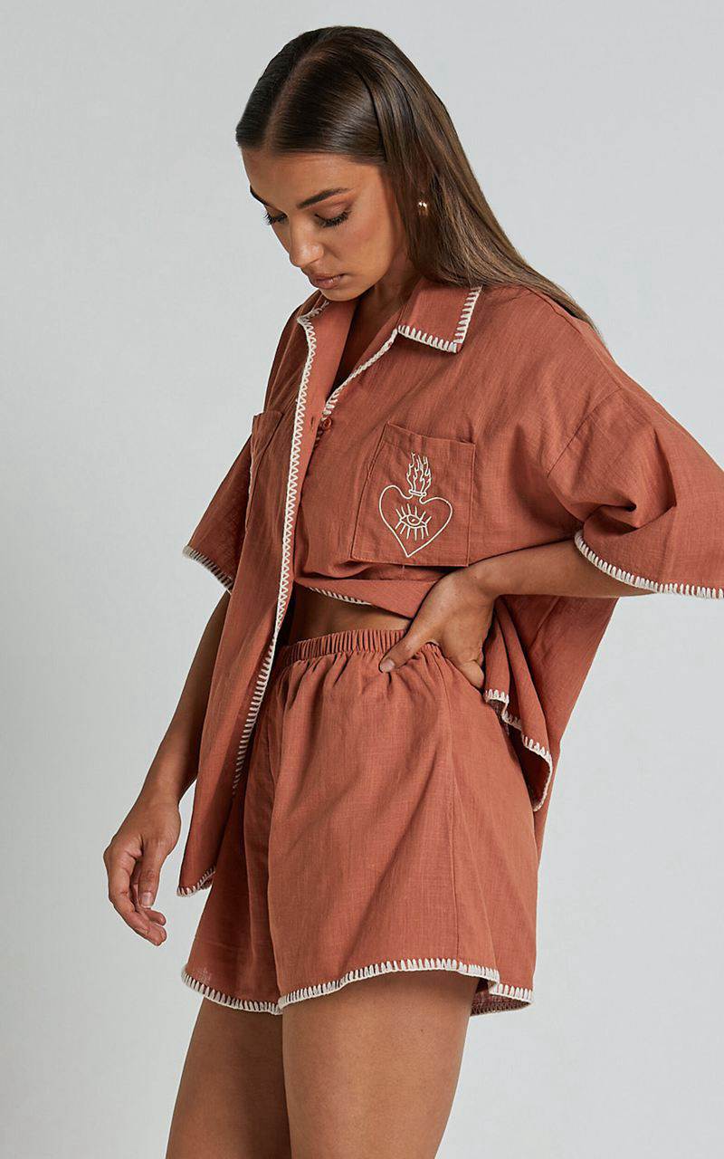 Showpo Aden Two Piece Set - Embroidered Trim Button Through Short Sleeve And Shorts Printed Set Rust And White | OCLFIY564