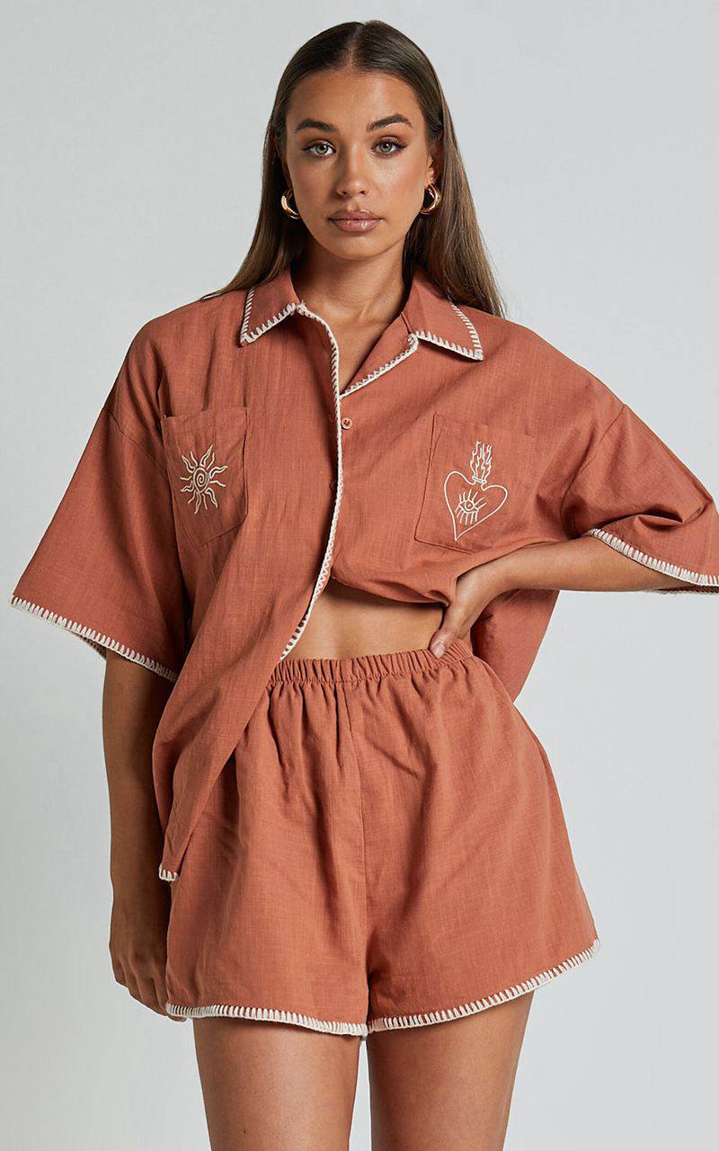 Showpo Aden Two Piece Set - Embroidered Trim Button Through Short Sleeve And Shorts Printed Set Rust And White | OCLFIY564