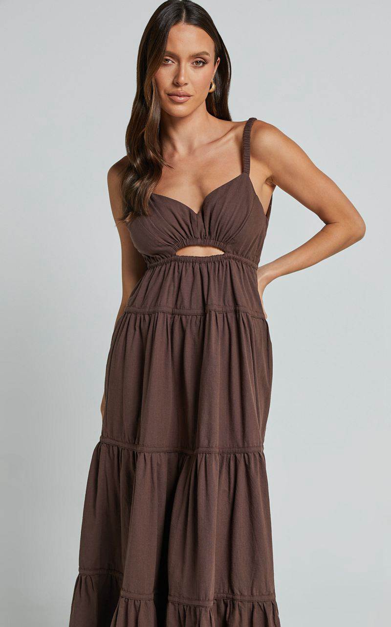 Showpo Adia Midi Dress - Front Keyhole Tie Back Tiered Dress Chocolate | EBLPXZ783