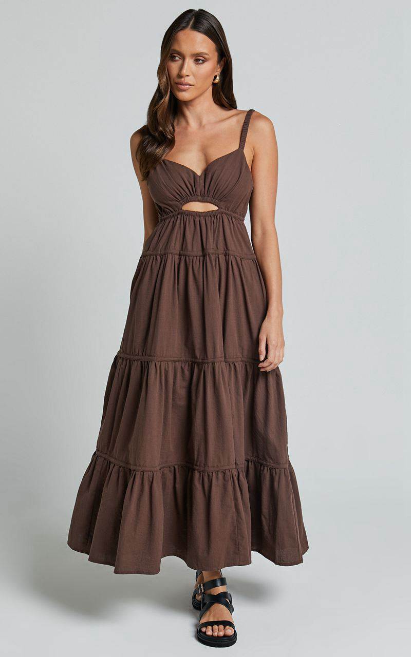 Showpo Adia Midi Dress - Front Keyhole Tie Back Tiered Dress Chocolate | EBLPXZ783