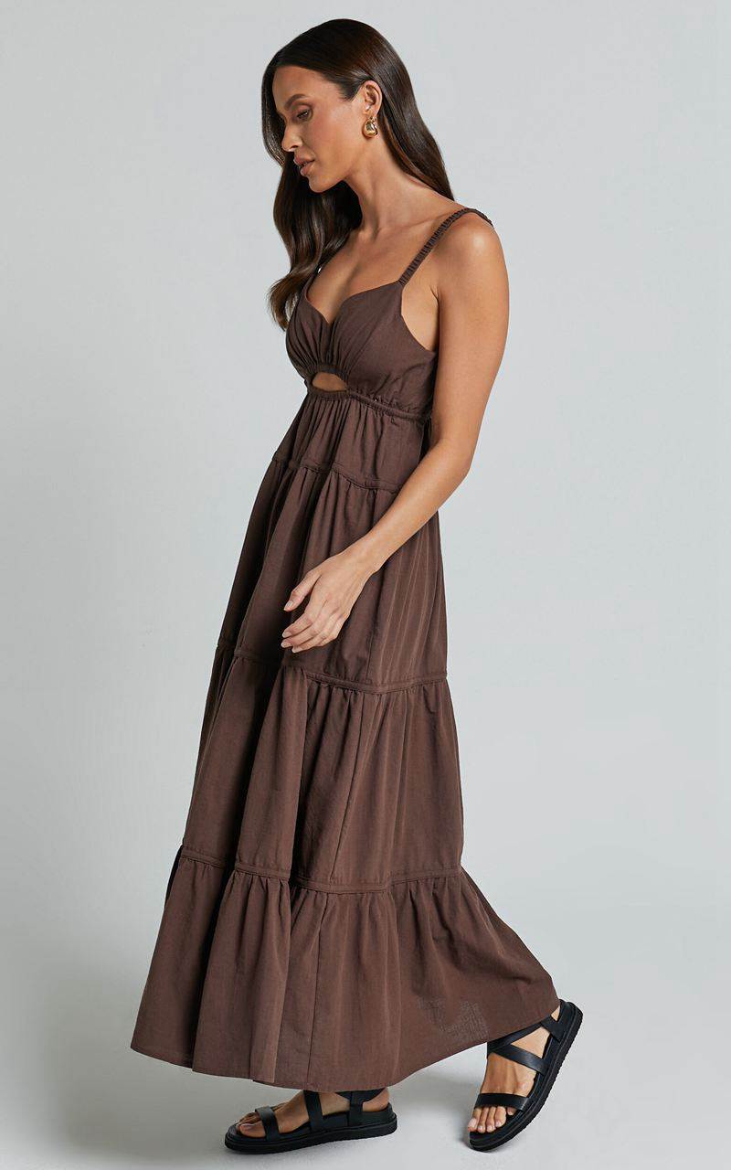 Showpo Adia Midi Dress - Front Keyhole Tie Back Tiered Dress Chocolate | EBLPXZ783