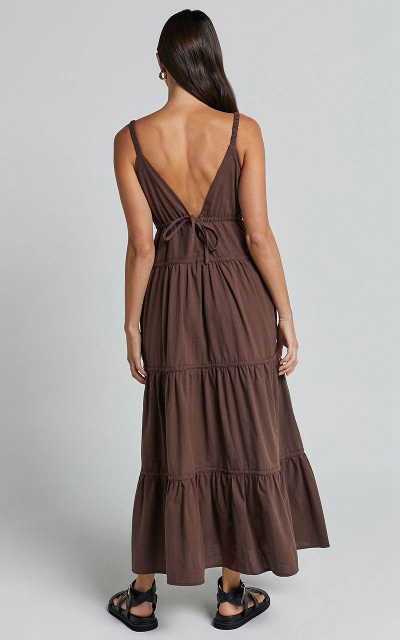 Showpo Adia Midi Dress - Front Keyhole Tie Back Tiered Dress Chocolate | EBLPXZ783