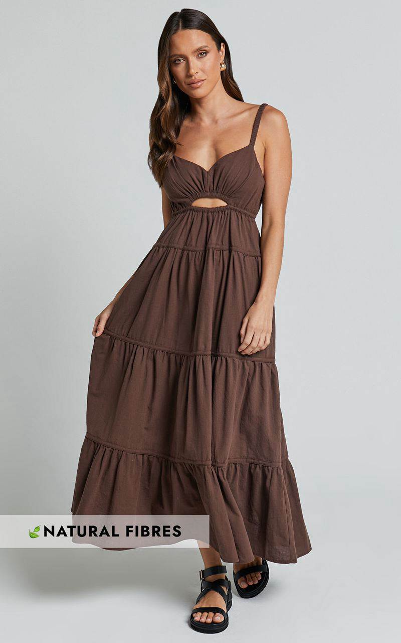 Showpo Adia Midi Dress - Front Keyhole Tie Back Tiered Dress Chocolate | EBLPXZ783