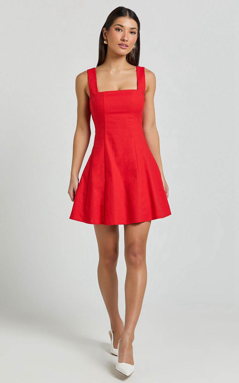 Showpo Adiana Mini Dress - Linen Look Square Neck Shirred Back A Line Dress Red | ZLRIWS618