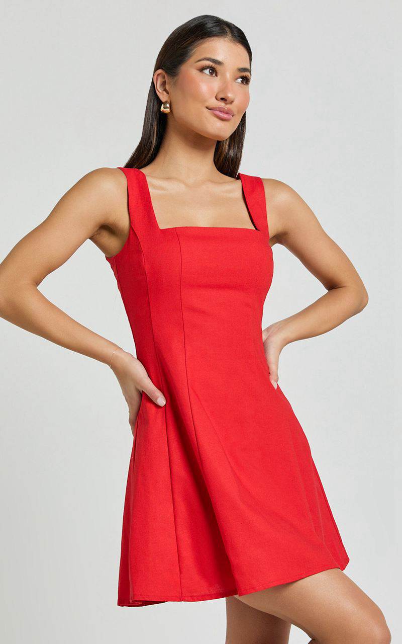 Showpo Adiana Mini Dress - Linen Look Square Neck Shirred Back A Line Dress Red | ZLRIWS618