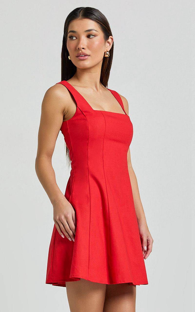 Showpo Adiana Mini Dress - Linen Look Square Neck Shirred Back A Line Dress Red | ZLRIWS618