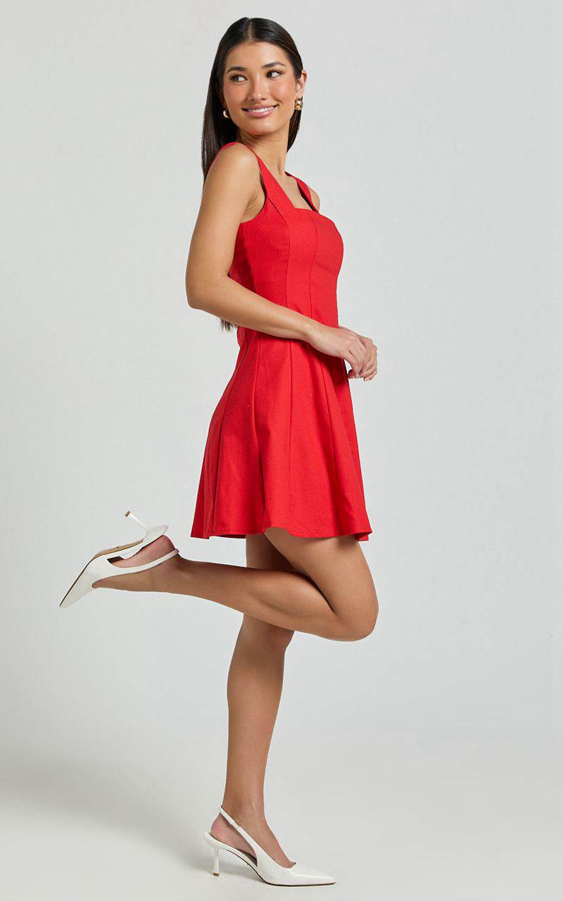 Showpo Adiana Mini Dress - Linen Look Square Neck Shirred Back A Line Dress Red | ZLRIWS618