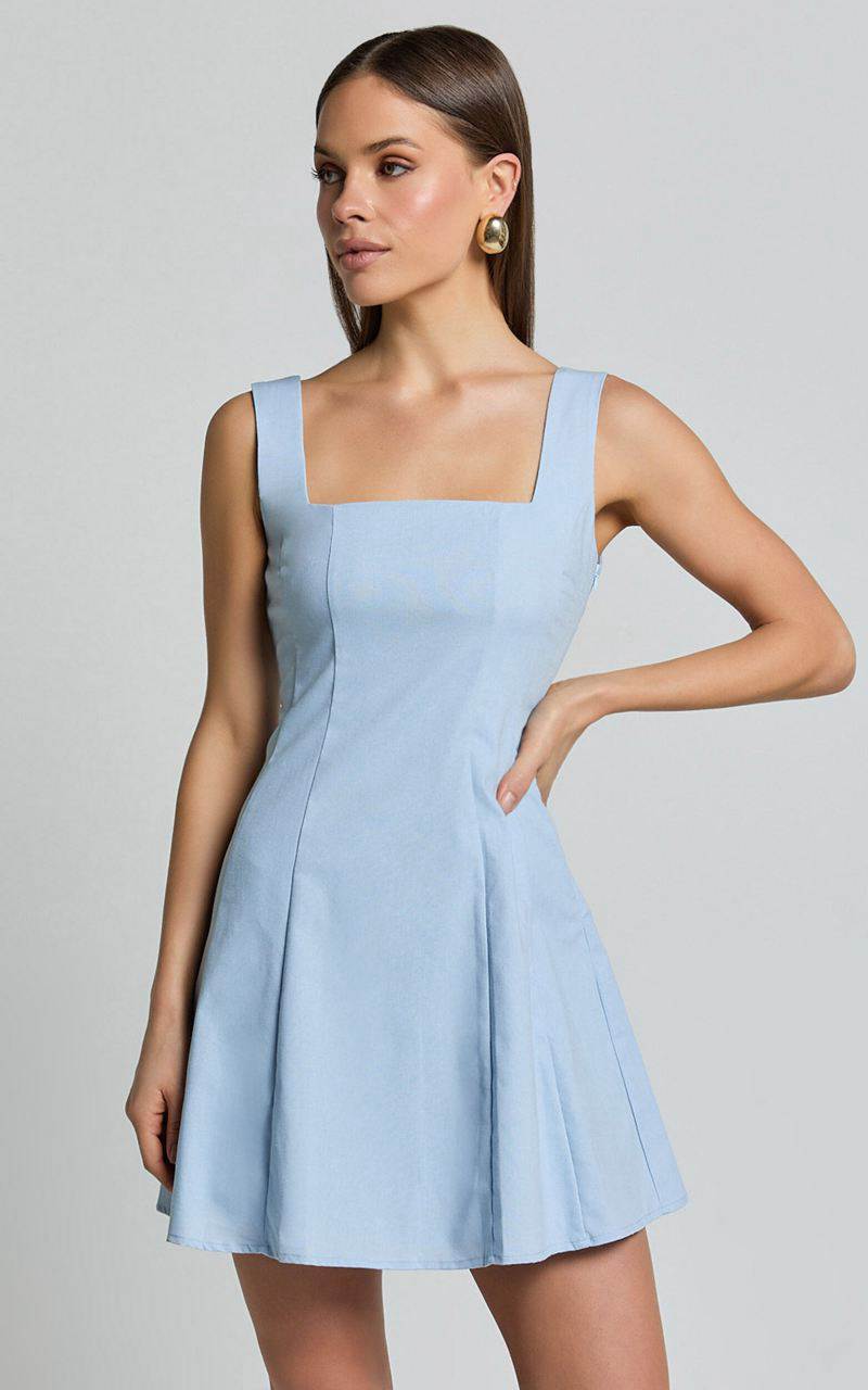 Showpo Adiana Mini Dress - Linen Look Square Neck Shirred Back A Line Dress Pale Blue | KUBNTA601