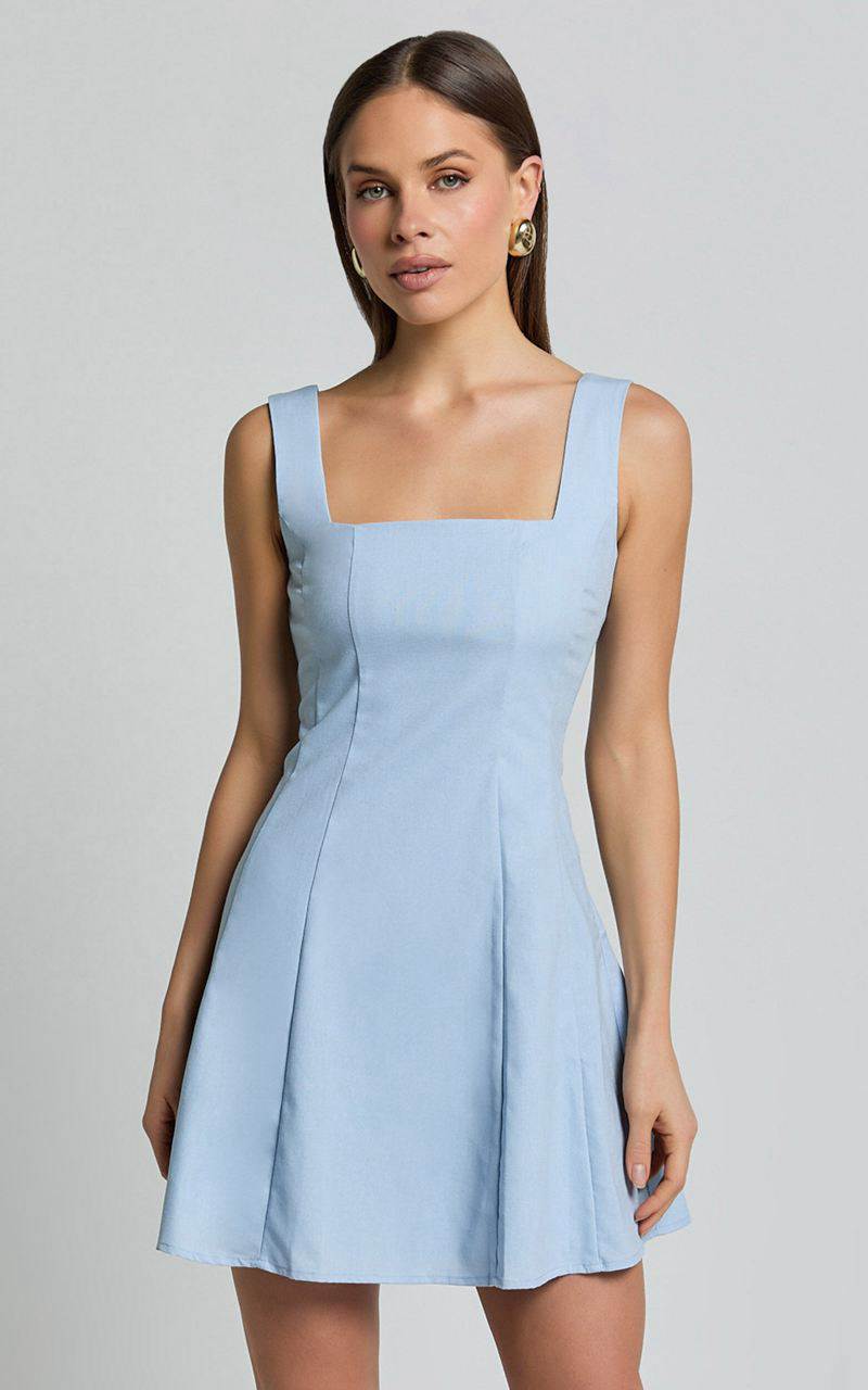 Showpo Adiana Mini Dress - Linen Look Square Neck Shirred Back A Line Dress Pale Blue | KUBNTA601