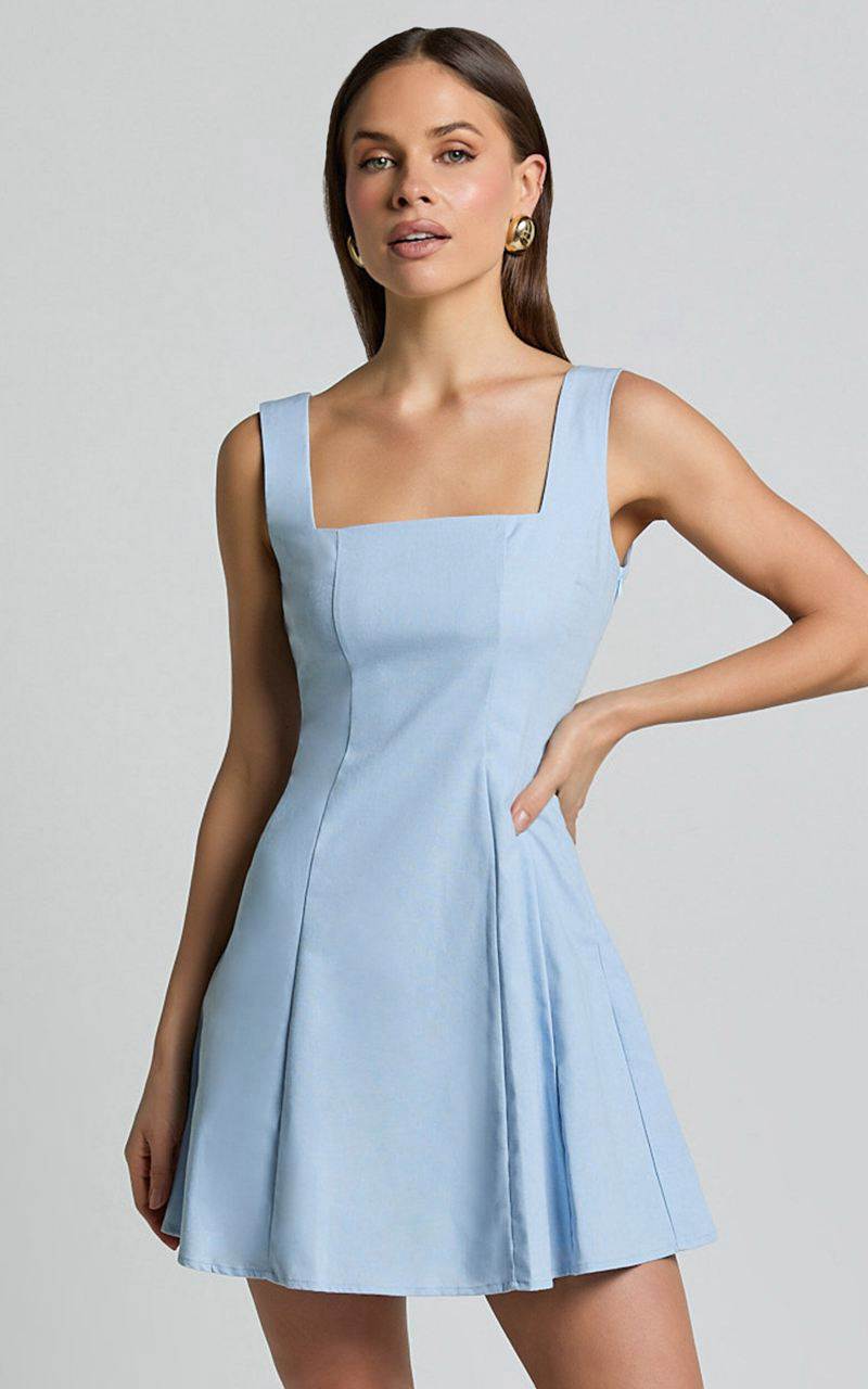 Showpo Adiana Mini Dress - Linen Look Square Neck Shirred Back A Line Dress Pale Blue | KUBNTA601