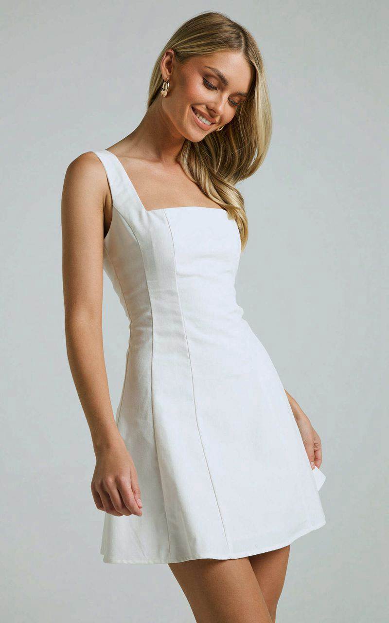 Showpo Adiana Mini Dress - Linen Look Square Neck Shirred Back A Line Dress Off White | LJCBOT436