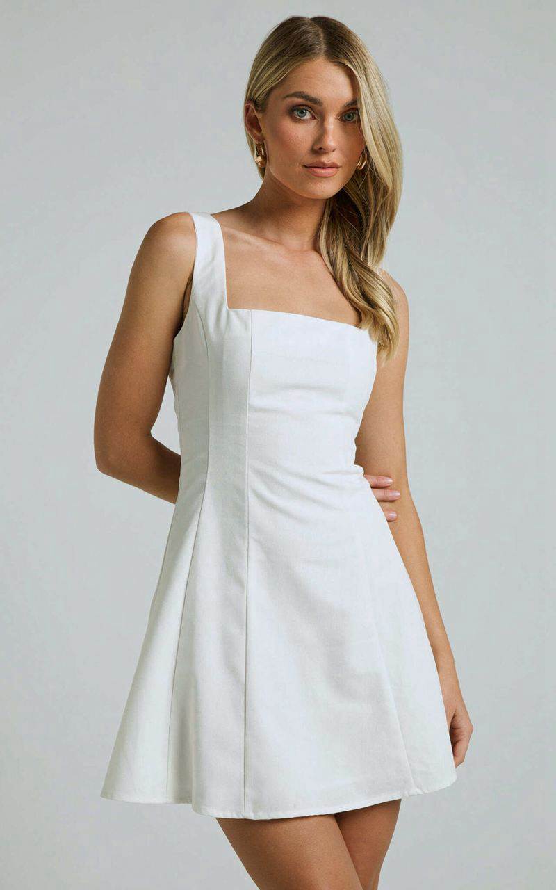 Showpo Adiana Mini Dress - Linen Look Square Neck Shirred Back A Line Dress Off White | LJCBOT436