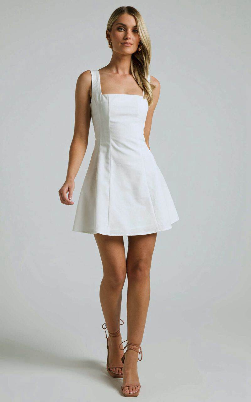 Showpo Adiana Mini Dress - Linen Look Square Neck Shirred Back A Line Dress Off White | LJCBOT436