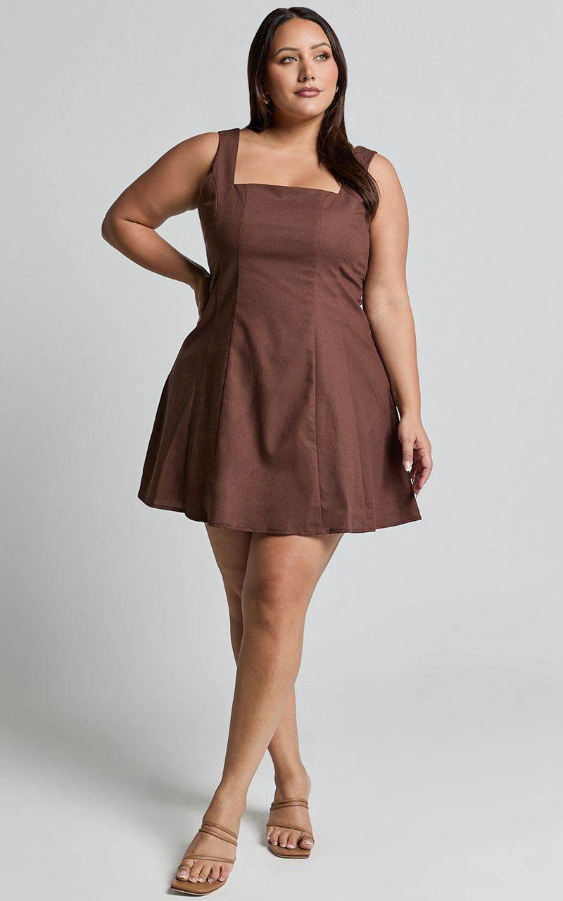 Showpo Adiana Mini Dress - Linen Look Square Neck Shirred Back A Line Dress Chocolate | FEJCPS420