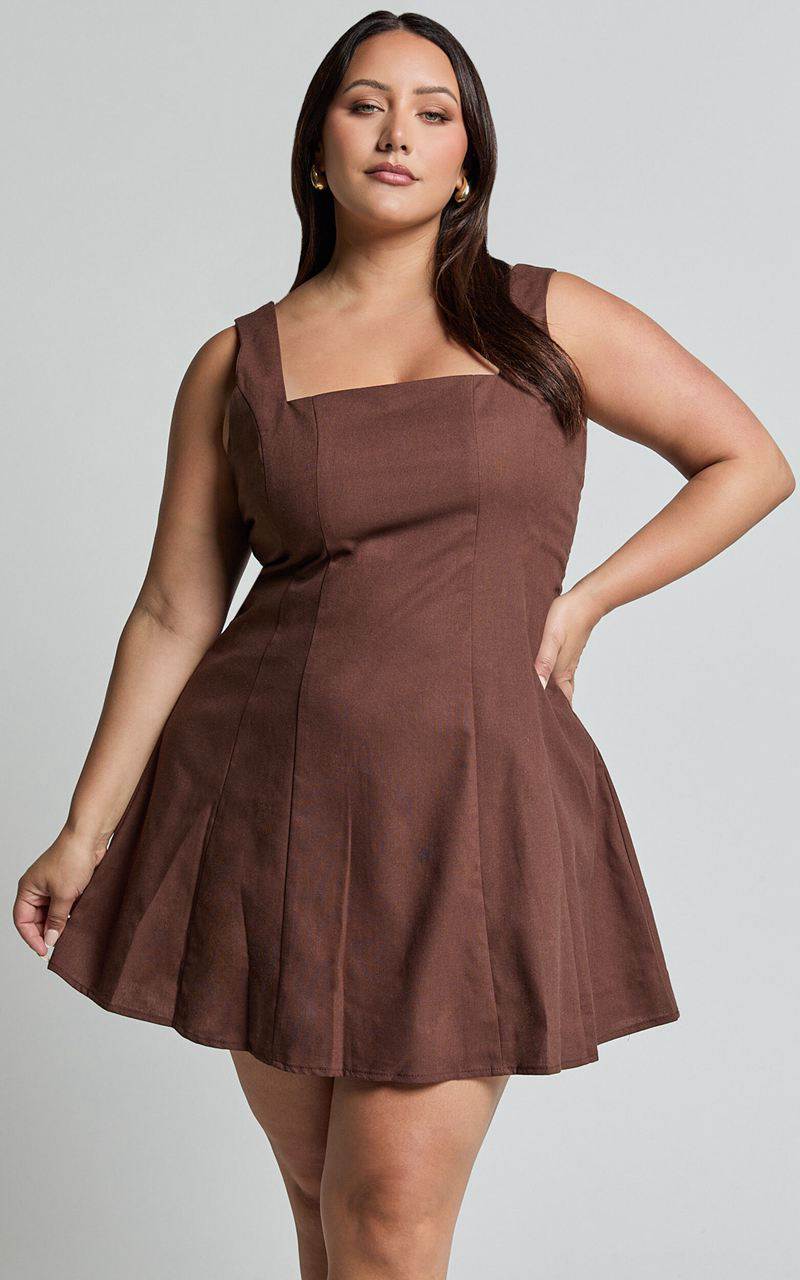 Showpo Adiana Mini Dress - Linen Look Square Neck Shirred Back A Line Dress Chocolate | FEJCPS420