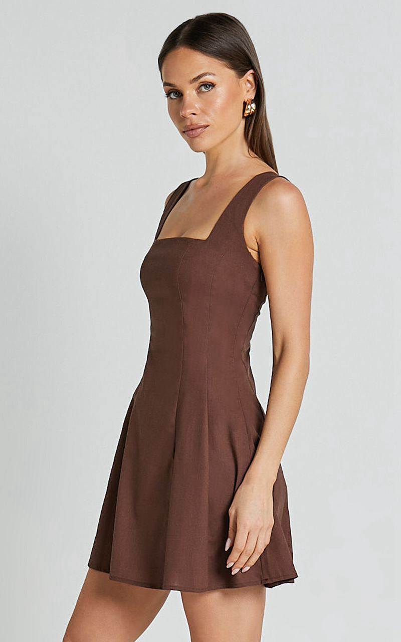 Showpo Adiana Mini Dress - Linen Look Square Neck Shirred Back A Line Dress Chocolate | FEJCPS420