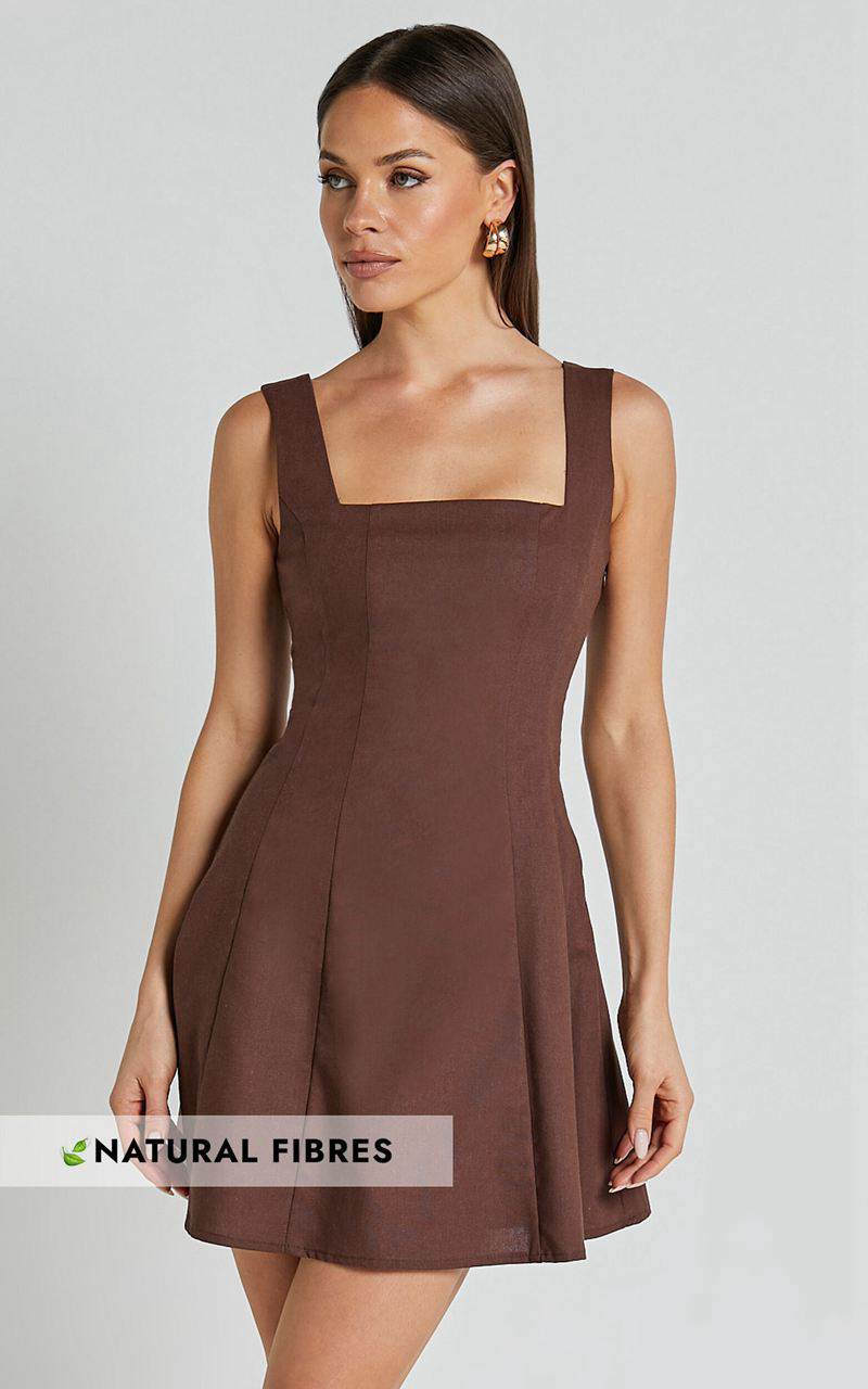 Showpo Adiana Mini Dress - Linen Look Square Neck Shirred Back A Line Dress Chocolate | FEJCPS420