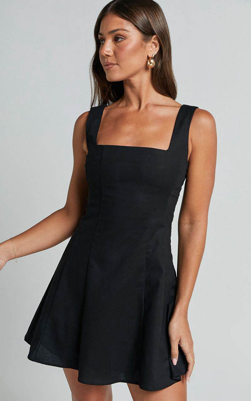 Showpo Adiana Mini Dress - Linen Look Square Neck Shirred Back A Line Dress Black | ITVEUR094