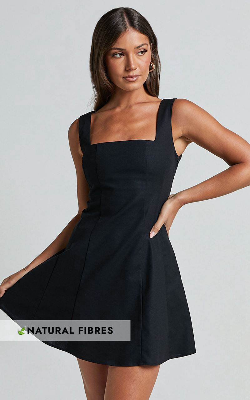 Showpo Adiana Mini Dress - Linen Look Square Neck Shirred Back A Line Dress Black | ITVEUR094