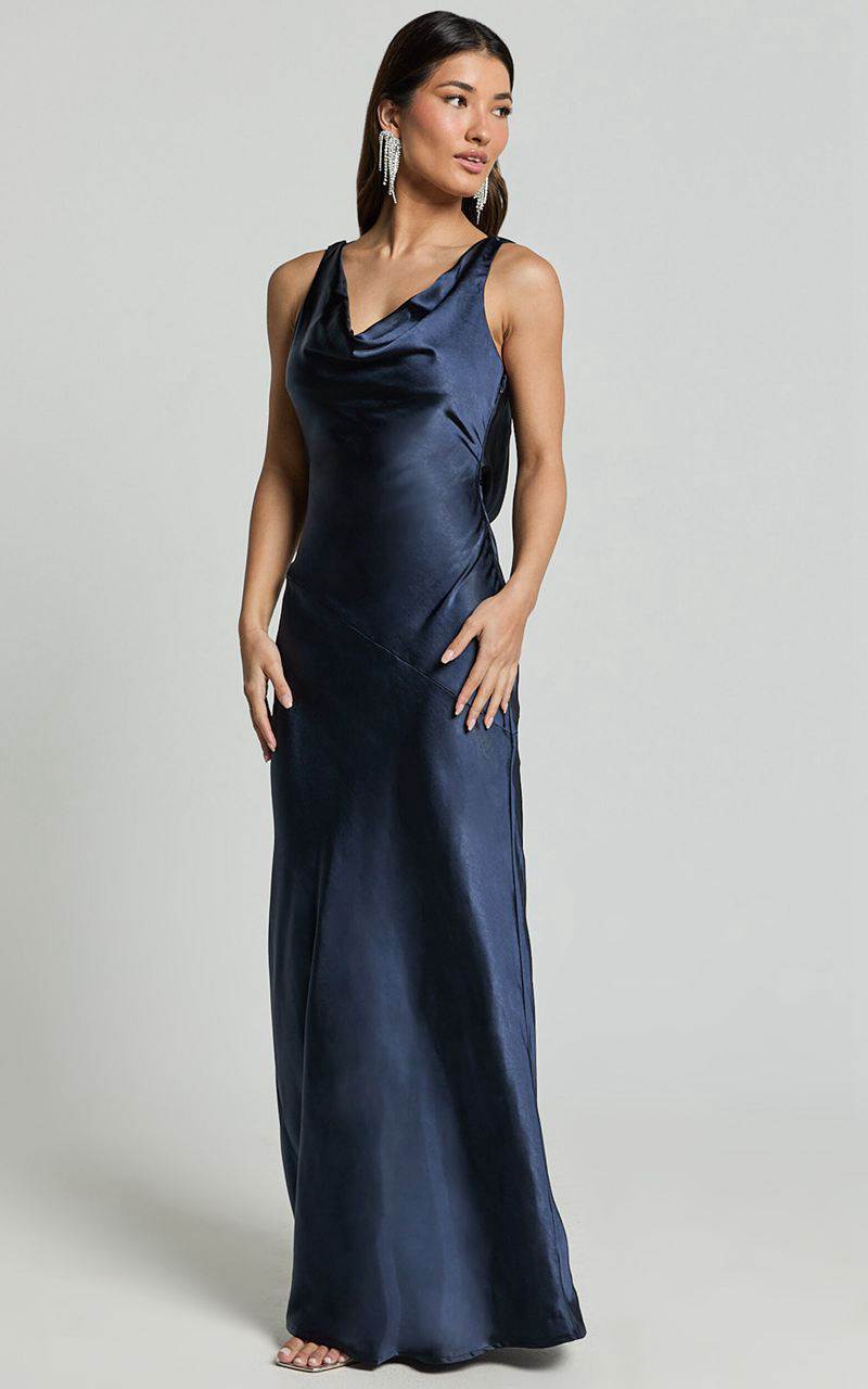 Showpo Adilah Maxi Dress - Cowl Neck Satin Dress Navy | RSOLCD394