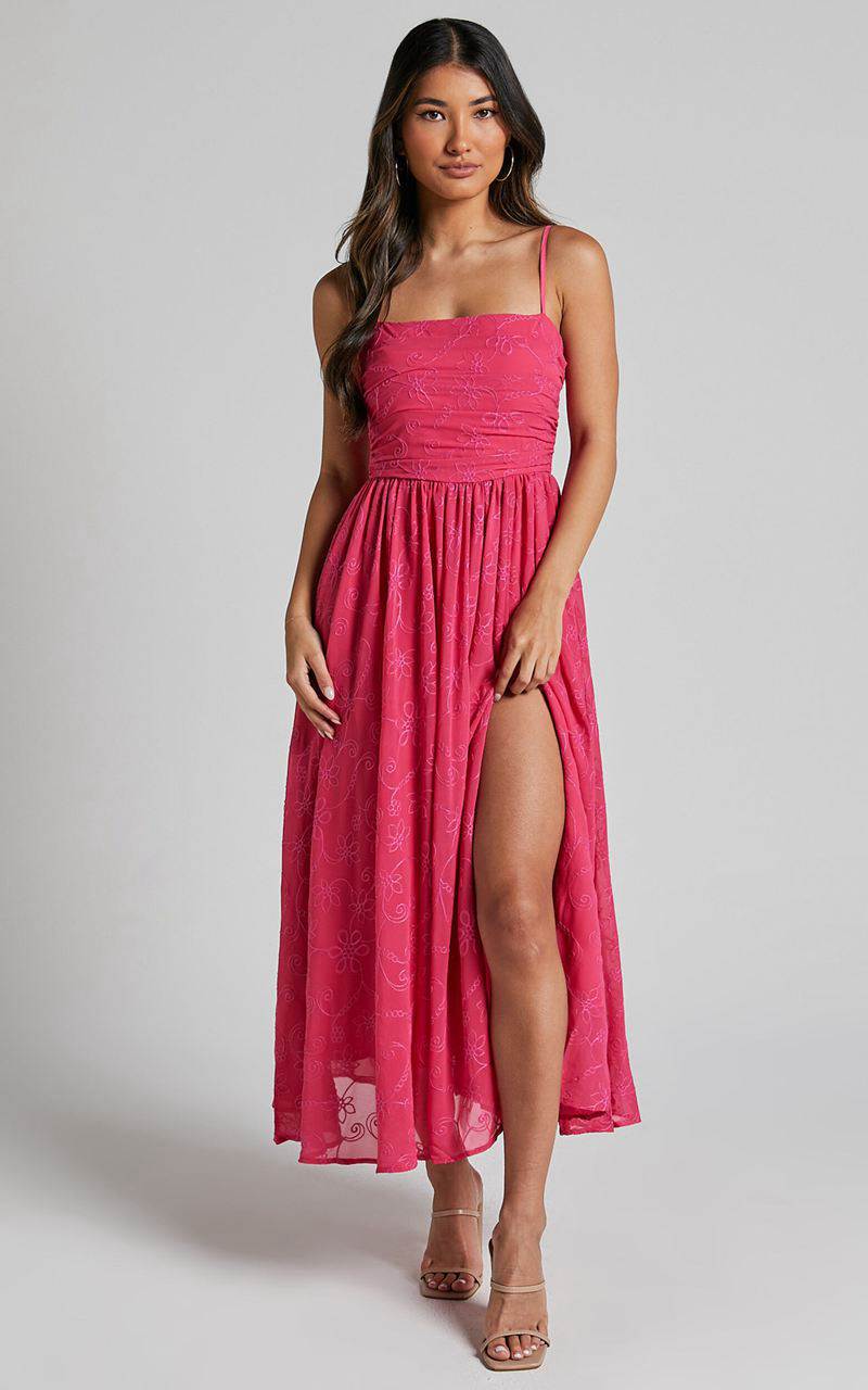 Showpo Adina Midi Dress - Embroidered Strappy Straight Neck Ruched Bodice Dress Pink | IMCADE954