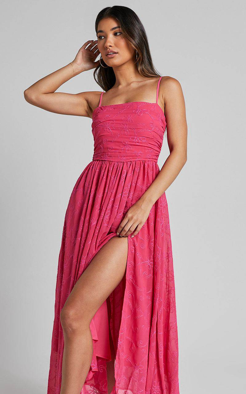 Showpo Adina Midi Dress - Embroidered Strappy Straight Neck Ruched Bodice Dress Pink | IMCADE954