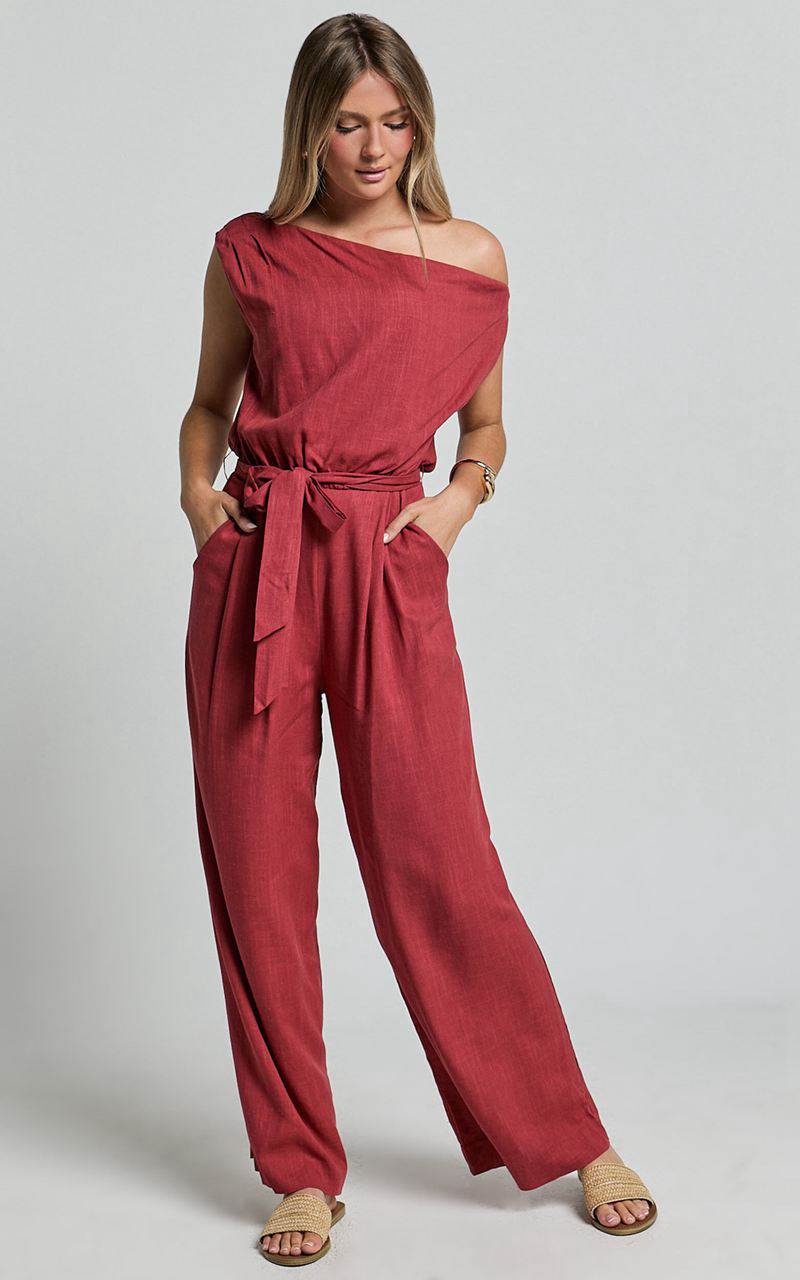 Showpo Adria Jumpsuit - Asymmetrical Short Sleeve Linen Look Jumpsuit Clay | VDXQBC065