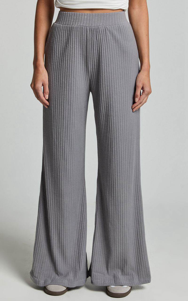 Showpo Adriana Pants - Ribbed High Waist Wide Leg Pants Slate Grey | ZSFWYQ904