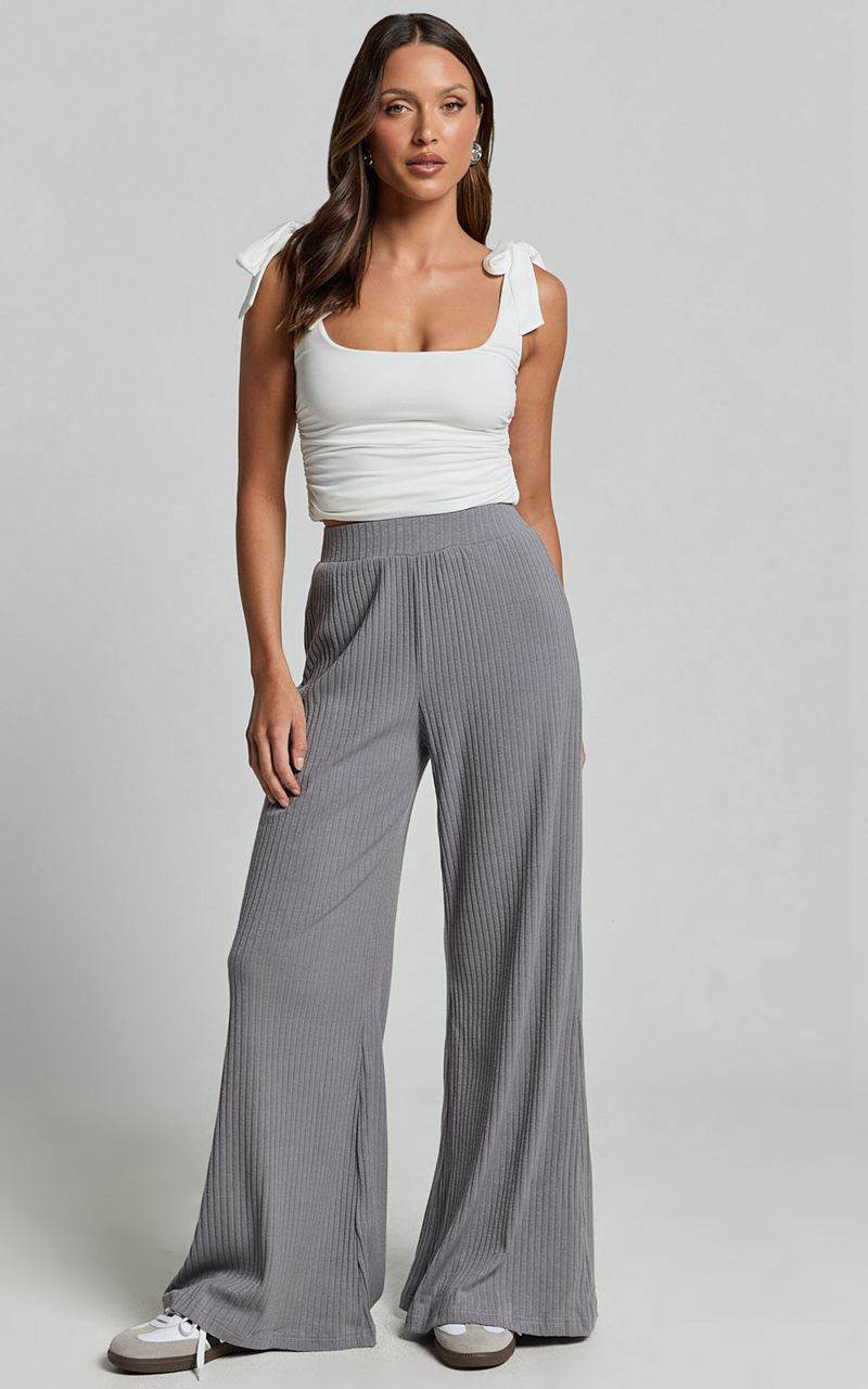 Showpo Adriana Pants - Ribbed High Waist Wide Leg Pants Slate Grey | ZSFWYQ904