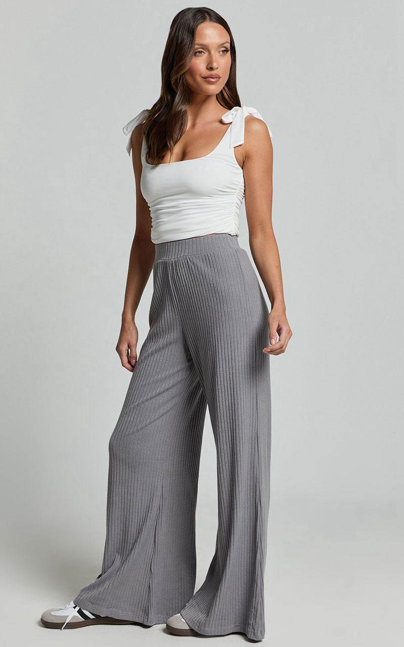 Showpo Adriana Pants - Ribbed High Waist Wide Leg Pants Slate Grey | ZSFWYQ904