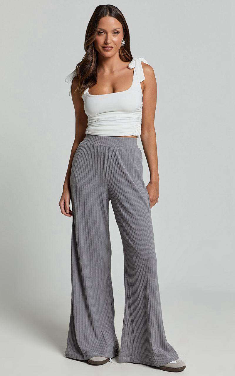 Showpo Adriana Pants - Ribbed High Waist Wide Leg Pants Slate Grey | ZSFWYQ904