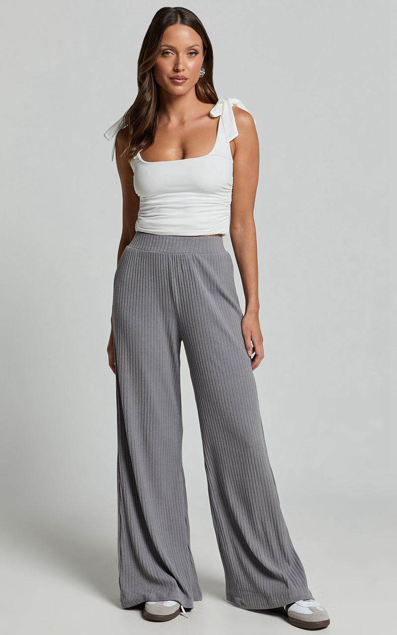 Showpo Adriana Pants - Ribbed High Waist Wide Leg Pants Slate Grey | ZSFWYQ904