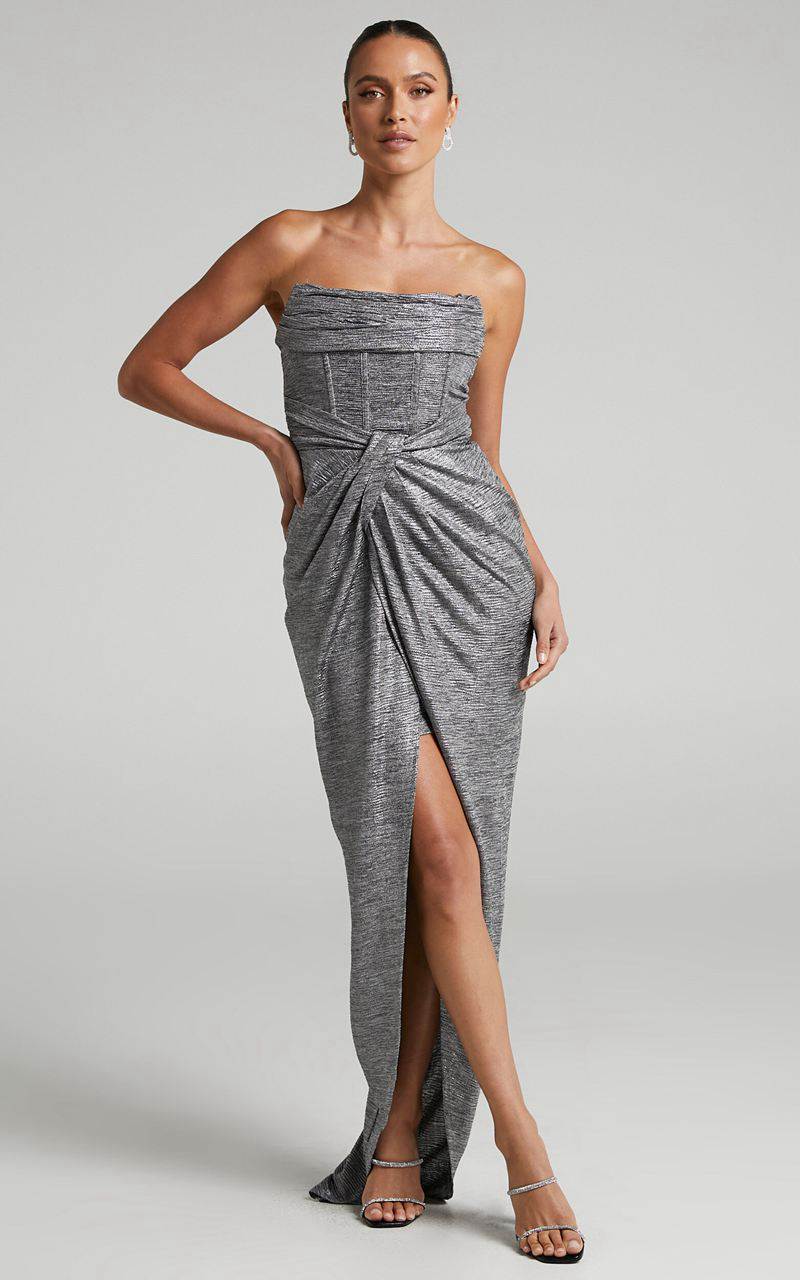 Showpo Adrie Midi Dress - Strapless Corset Bodice Dress Gunmetal | OXJPZR798