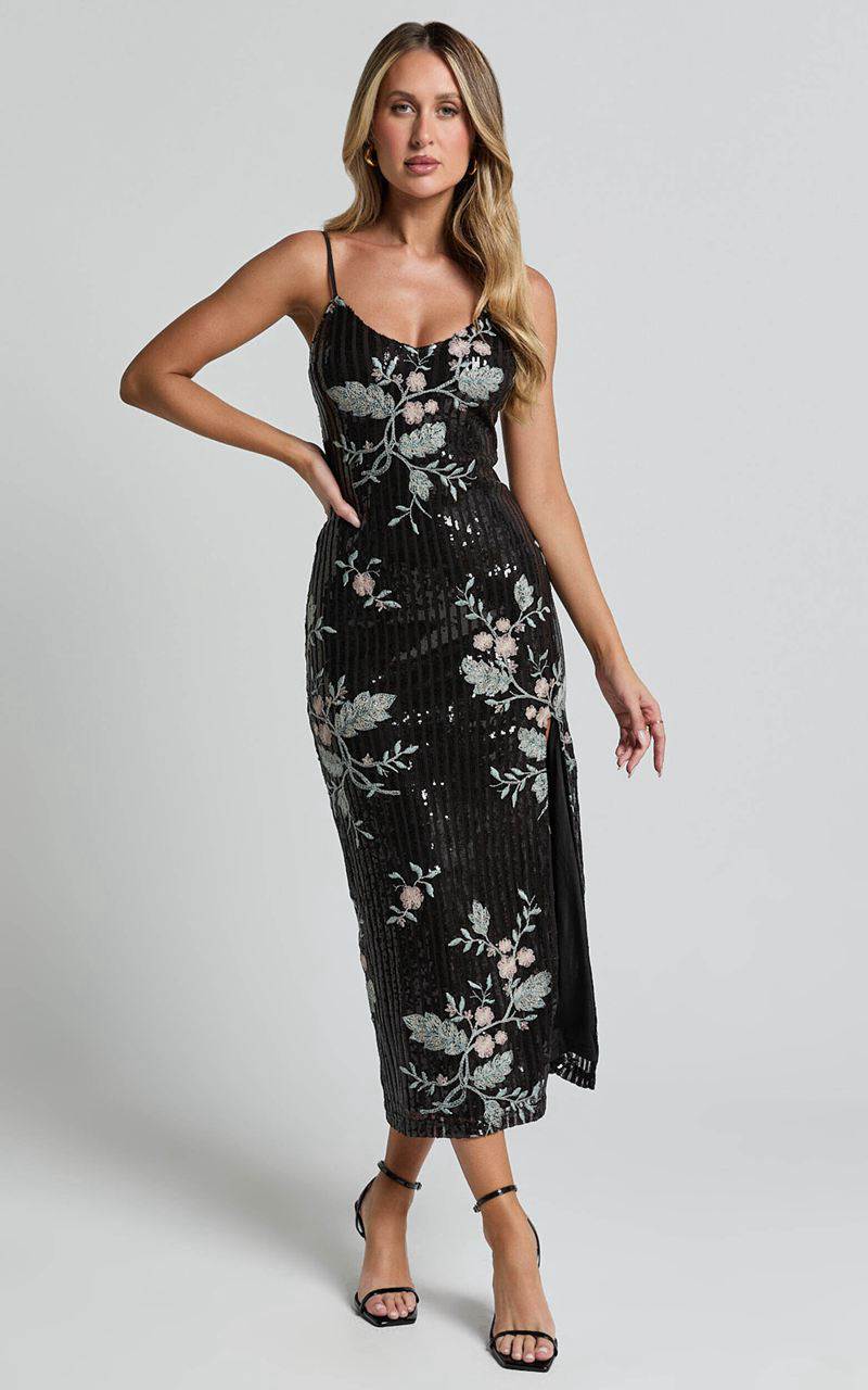 Showpo Adrienne Midi Dress - Sequin Embroidered Slip Dress Black | YGXVMU635