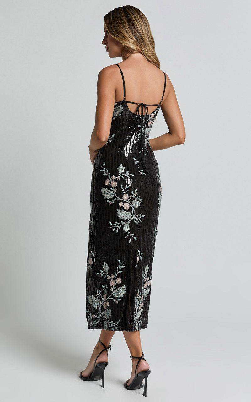 Showpo Adrienne Midi Dress - Sequin Embroidered Slip Dress Black | YGXVMU635