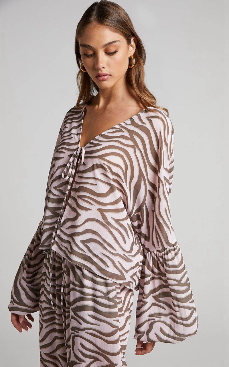 Showpo Aegir Blouse - Tie Front Drop Sleeve Blouse Wild Zebra | AYNOFM014