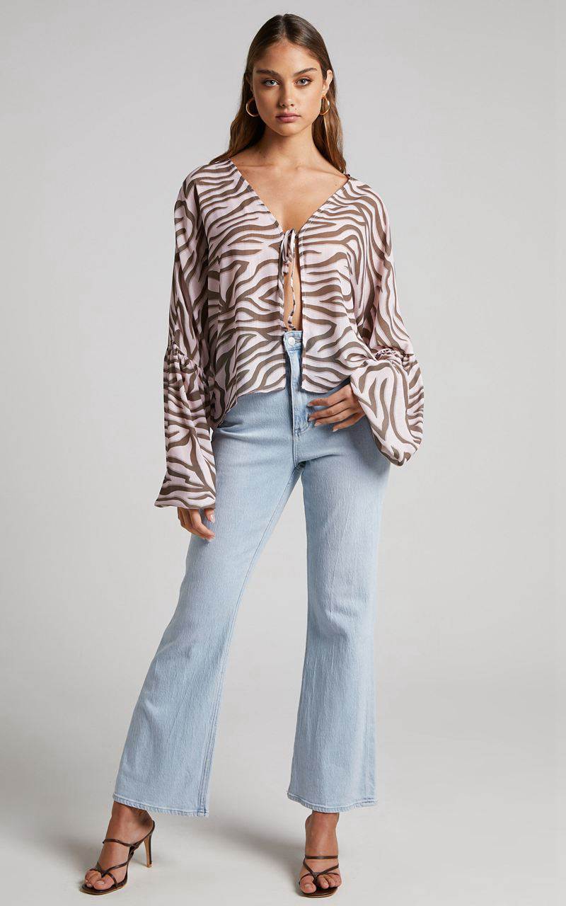 Showpo Aegir Blouse - Tie Front Drop Sleeve Blouse Wild Zebra | AYNOFM014