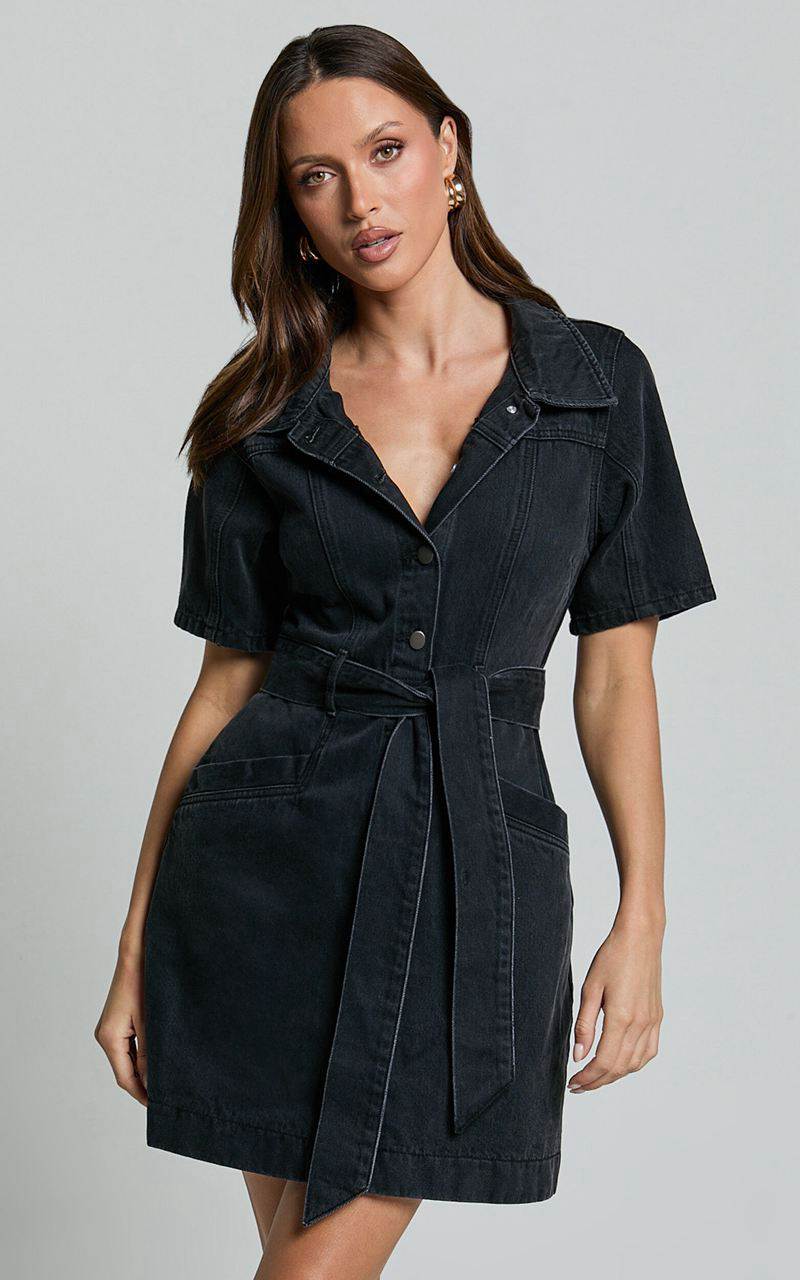 Showpo Aelicia Mini Dress - Button Through Denim Dress Washed Black | LQYJMV417