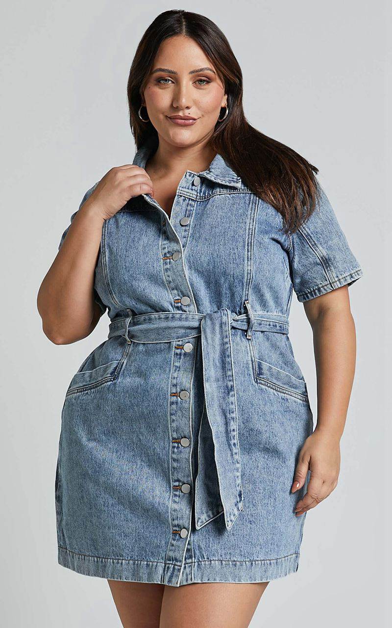 Showpo Aelicia Mini Dress - Button Through Denim Dress Mid Blue Wash | GIUPZS780