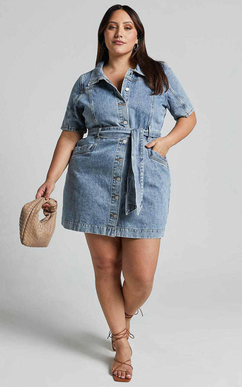 Showpo Aelicia Mini Dress - Button Through Denim Dress Mid Blue Wash | GIUPZS780