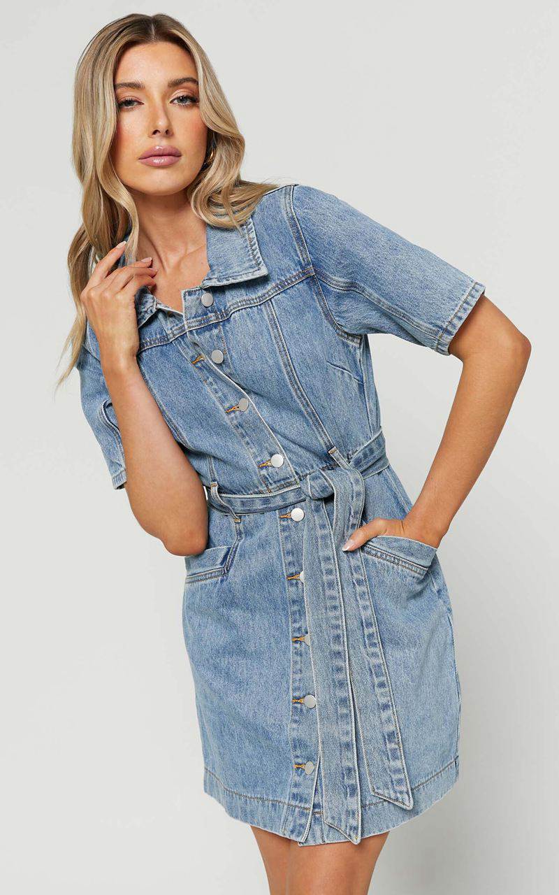 Showpo Aelicia Mini Dress - Button Through Denim Dress Mid Blue Wash | GIUPZS780