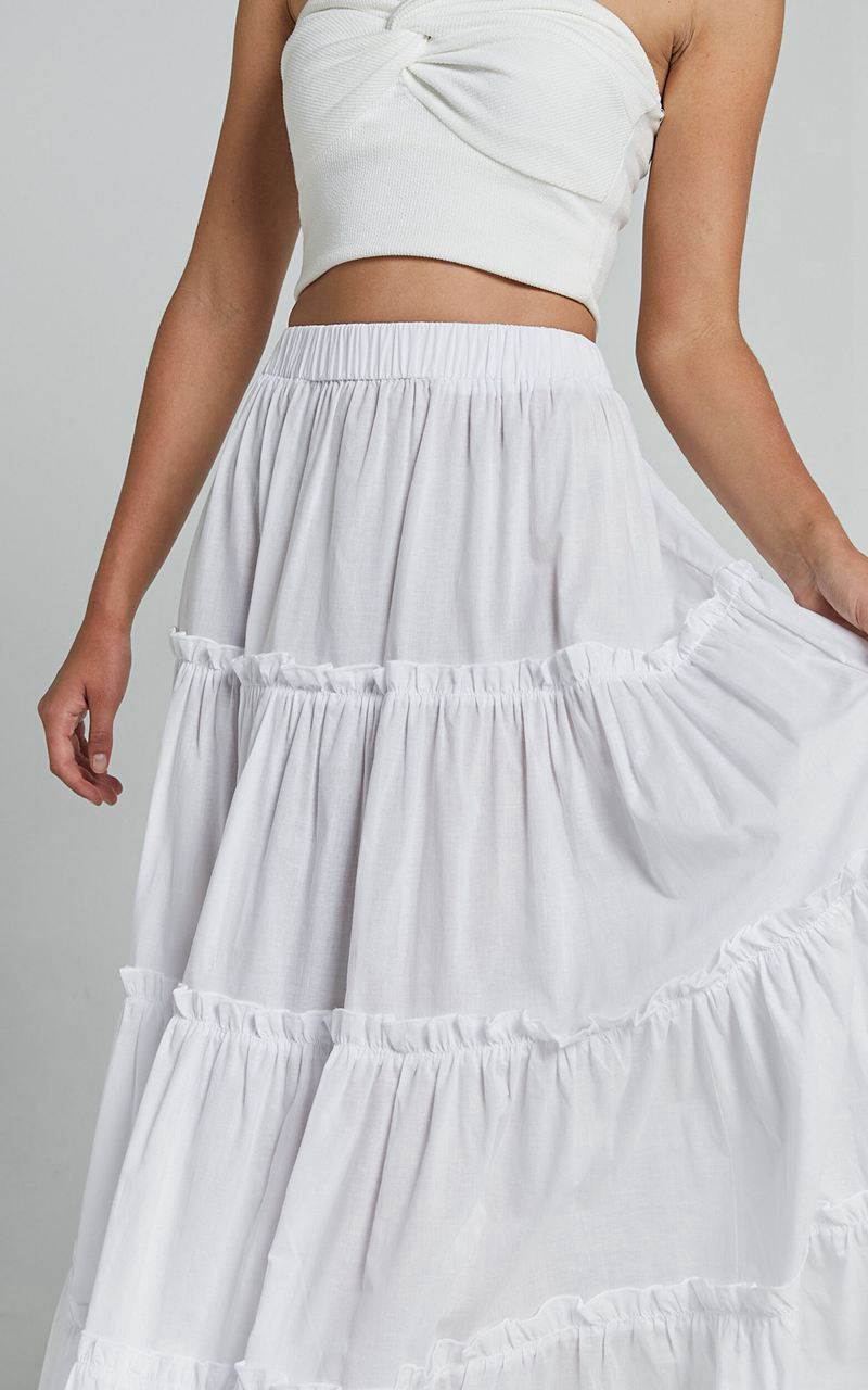 Showpo Aeonium Maxi Skirt - Cotton Elasticated Waist Tiered Skirt Off White | TJENMU359