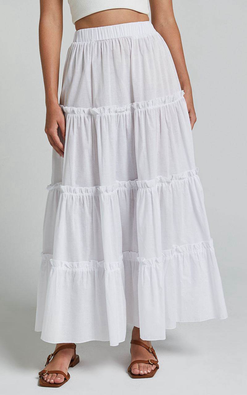 Showpo Aeonium Maxi Skirt - Cotton Elasticated Waist Tiered Skirt Off White | TJENMU359