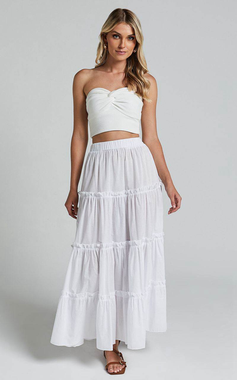 Showpo Aeonium Maxi Skirt - Cotton Elasticated Waist Tiered Skirt Off White | TJENMU359