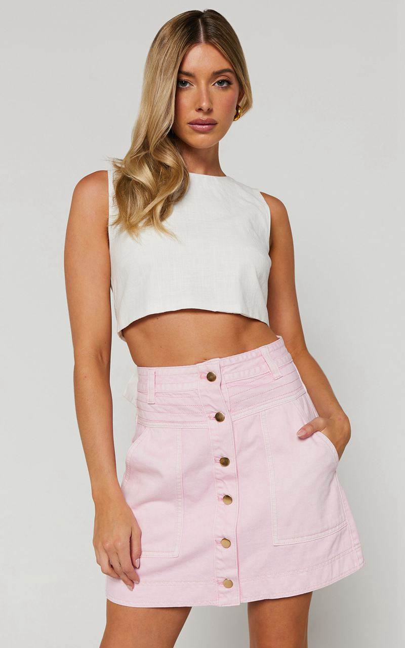 Showpo Aeza Mini Skirt - Button Fly Denim Skirt Pink | OFYBHK206