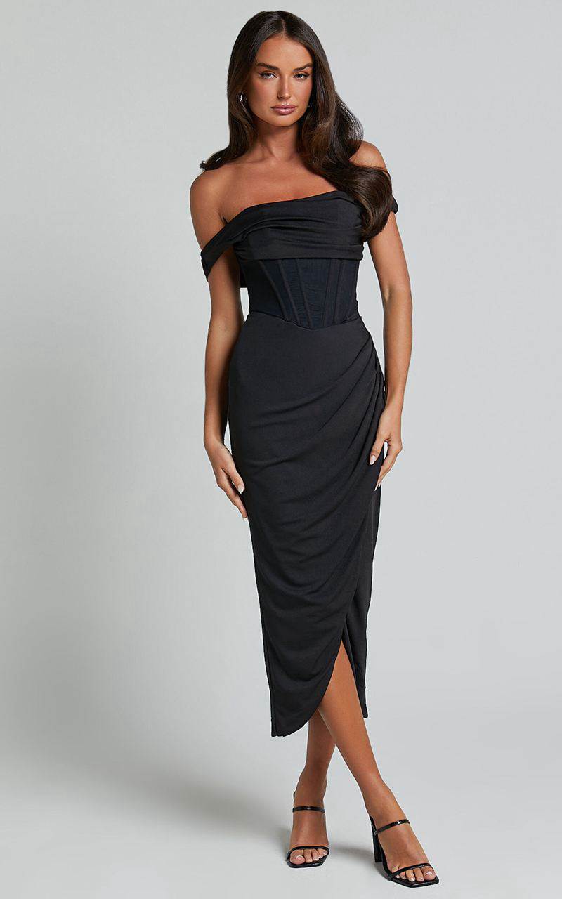 Showpo Aidia Midi Dress - One Shoulder Draped Corset Dress Black | MYUQRB197