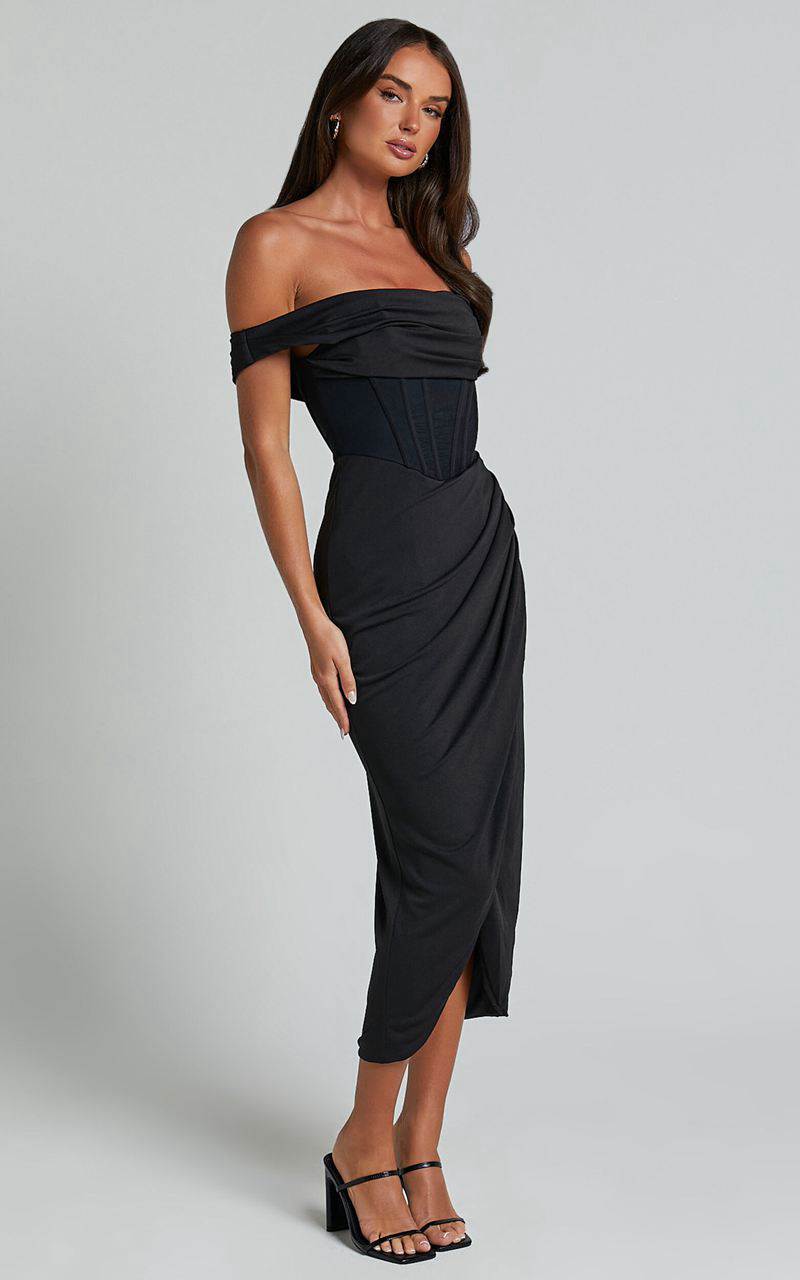 Showpo Aidia Midi Dress - One Shoulder Draped Corset Dress Black | MYUQRB197