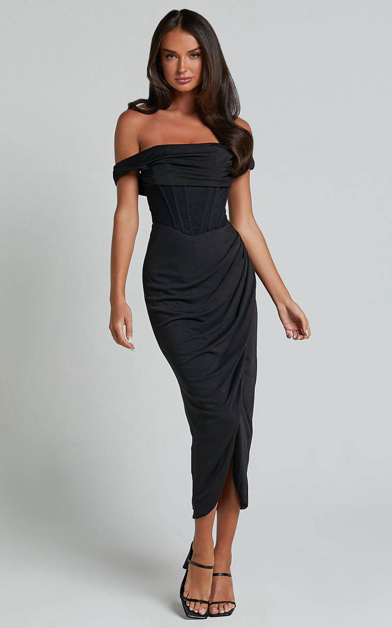 Showpo Aidia Midi Dress - One Shoulder Draped Corset Dress Black | MYUQRB197