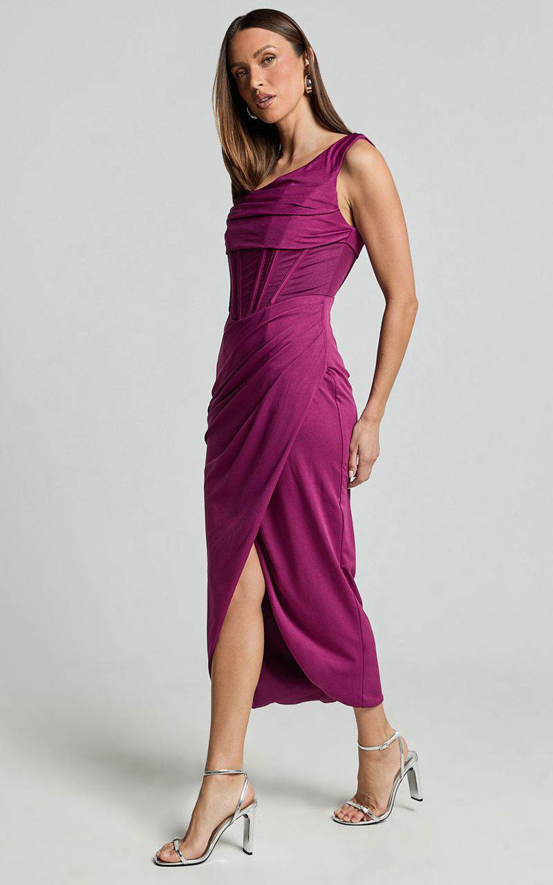 Showpo Aidia Midi Dress - One Shoulder Draped Corset Dress Plum | GPNHBL874