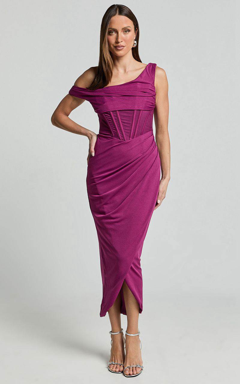 Showpo Aidia Midi Dress - One Shoulder Draped Corset Dress Plum | GPNHBL874